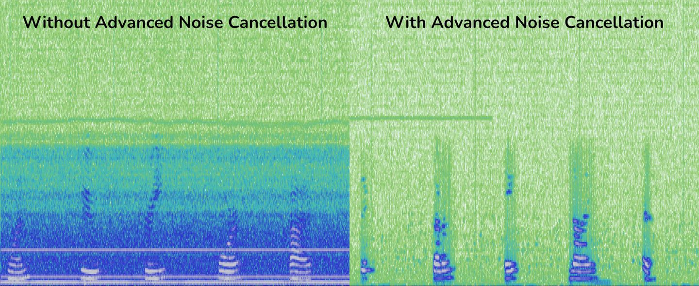 Audio spectrum of audio with and without picotera's advanced noise cancellation enabled